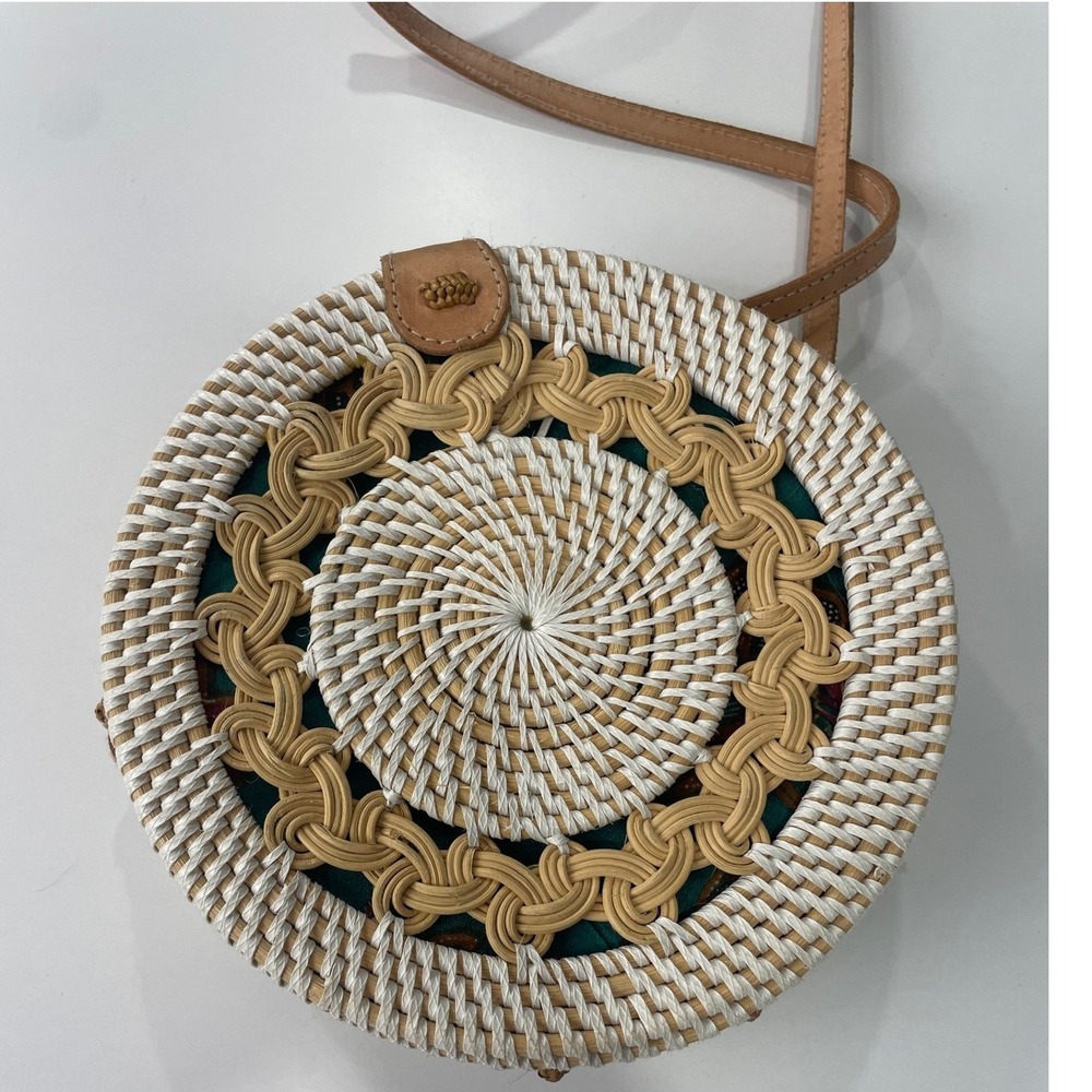 NEW‎ Amerii Round Rattan Crossbody Bag Handmade Woven Batik Boho Bali Purse EUC